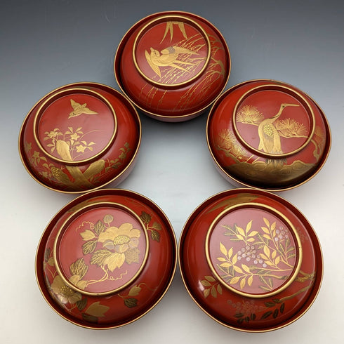 日本アンティーク 明治期 京都 漆器 蓋付き汁椀 5組セット